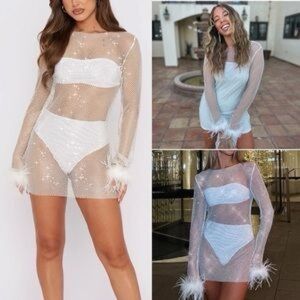White Fox Boutique Sheer Mesh Dress with Feather Details